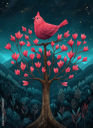 Pink bird on the top of a tree with pink flowers on branches against the background of mountains