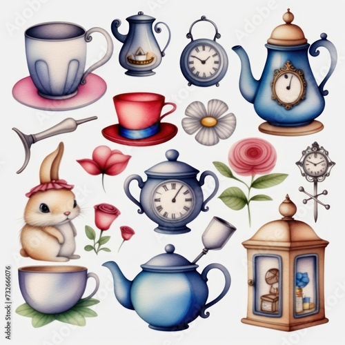 Alice in wonderland inspired elements, collection, Watercolor Clipart. photo