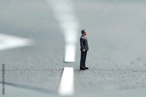 toy businessman standing in a white line crossing an  photo