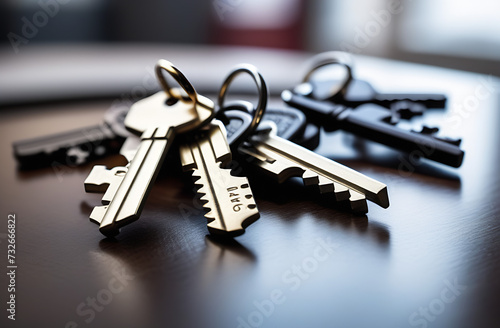 A large bunch of new metal keys in close-up on a blurred background. The concept of renting or buying a home