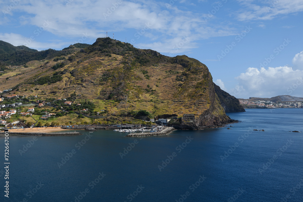 view of marina in Machico and hill Pico do Facho, Madeira island (Portugal) 
