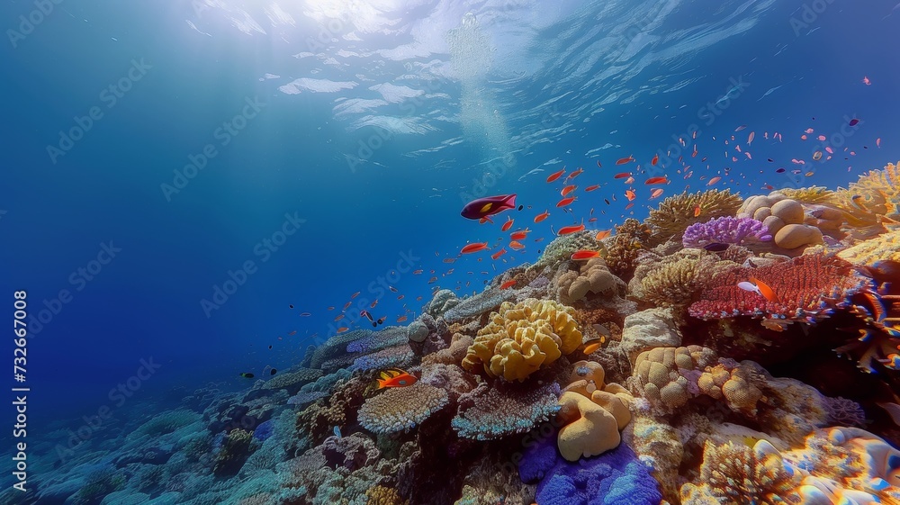 Sunlight Filtering Through Blue Ocean Water Over a Colorful Coral Reef Teeming with Fish
