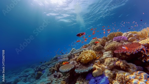 Sunlight Filtering Through Blue Ocean Water Over a Colorful Coral Reef Teeming with Fish