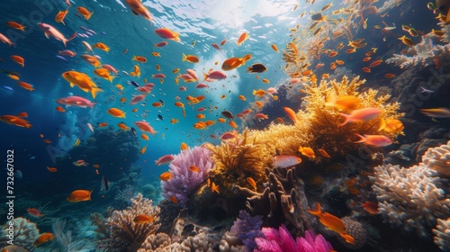Dynamic Underwater Scene of a Coral Reef Bursting with Colorful Fish and Sunlight Rays