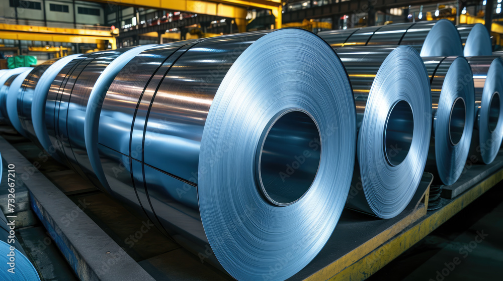 Rolls of steel sheeting in a coil storage area at an industrial manufacturing plant.