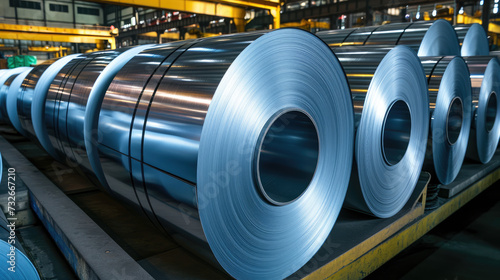 Rolls of steel sheeting in a coil storage area at an industrial manufacturing plant.