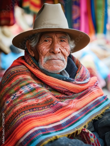 Elderly Man in a Traditional Poncho and Hat Sitting Before a Colorful Textile Background