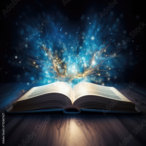 Open book with light rays coming out of the pages, fantasy concept