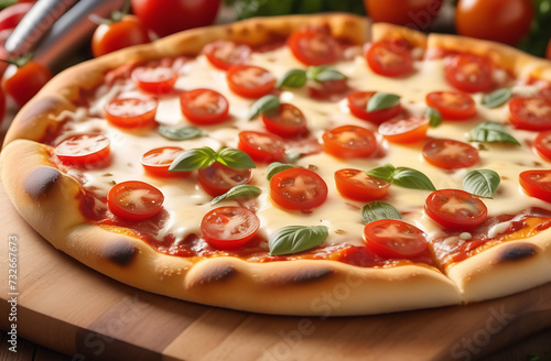 Delicious fresh pizza with tomatoes, sausage and cheese close-up with different ingredients