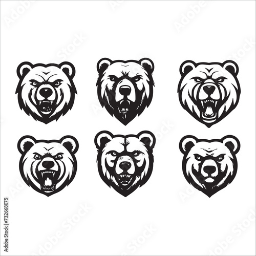 bear head , Set of black and white bear head roaring angry silhouette illustration