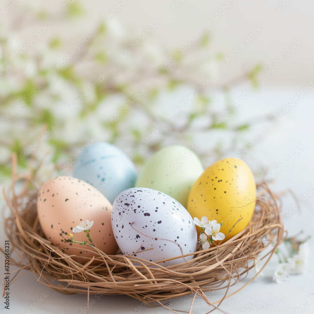 Obraz premium Happy Easter. Congratulatory easter background. Easter eggs and flowers.