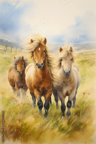 Painting of beautiful and cute Shetland ponies  mini horse breed with beautiful mane  group standing on a meadow  in Icelandic nature field  and looking at the camera