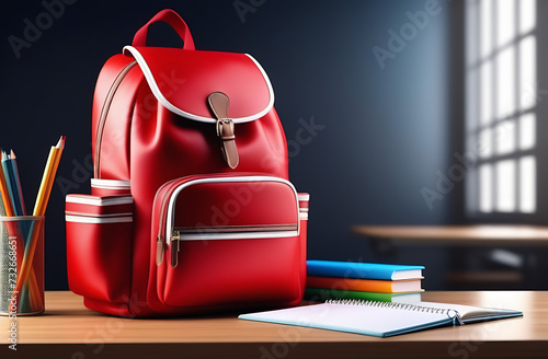 A bright backpack on a table with school supplies and a bottle of water in a cozy room against the background of a window. Concept study