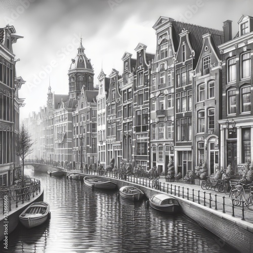 Drawing of Amsterdam canal in black and white