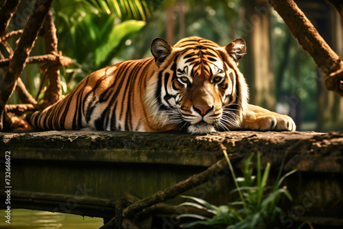 Lazy and sleepy wild Bengal tiger staring at the camera, resting on a wooden bridge in the jungle wilderness