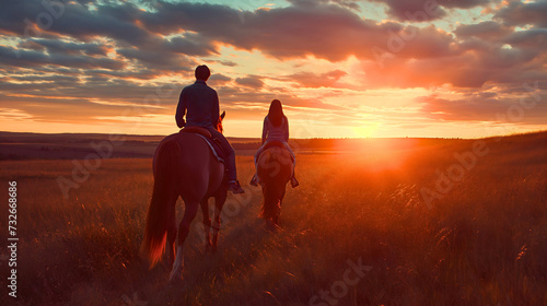 Rearview photography, silhouettes of two people, man and woman, male and female riding brown domestic horse animals at sunset or dusk in the evening over the meadow, beautiful sky with clouds © Nemanja
