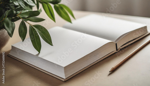 White book mockup with plant on beige table, symbolizing growth and knowledge. Perfect for educational or environmental concepts © Your Hand Please