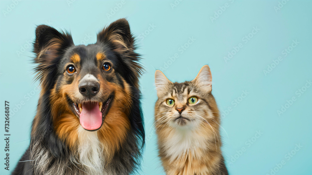 Closeup studio portrait photography of a friendly happy Shetland Sheepdog or Sheltie dog breed and cat pets together, light blue wall background, happy, tongue out, open mouth