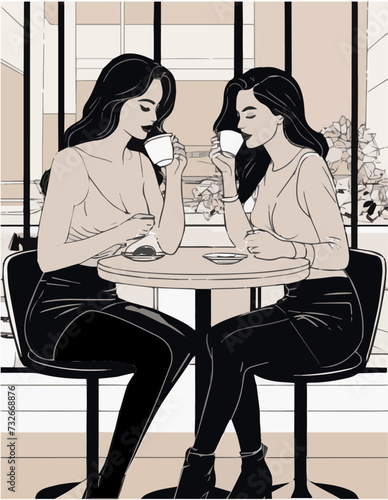 Young sexy girls drink coffee at a table in a cafe