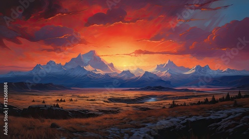 a painting of a mountain evening setting in the distance and a red and blue sky in the background 