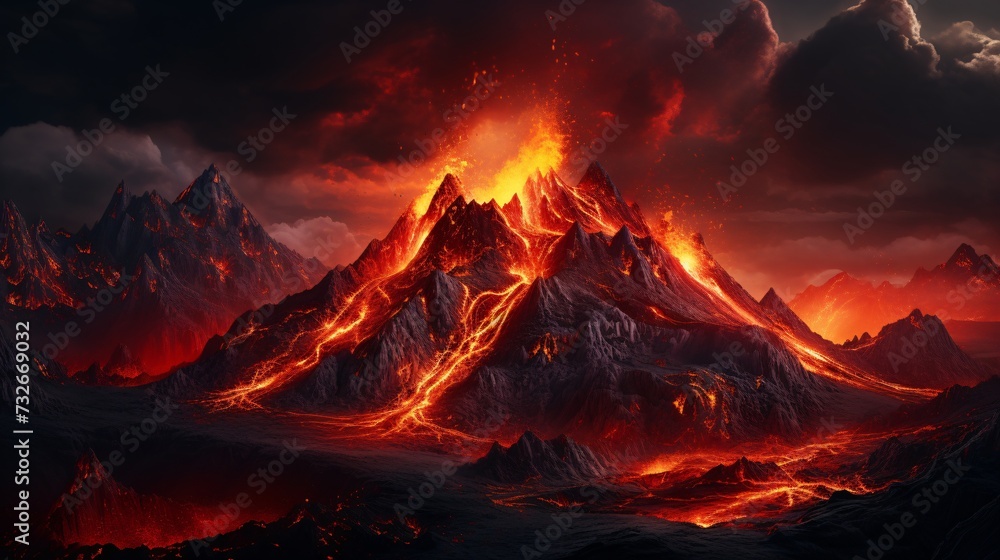 The molten lava flows relentlessly,fiery river carving its path through the rugged terrain with unstoppable force.Its incandescent glow casts an eerie light across the landscape, painting surroundings
