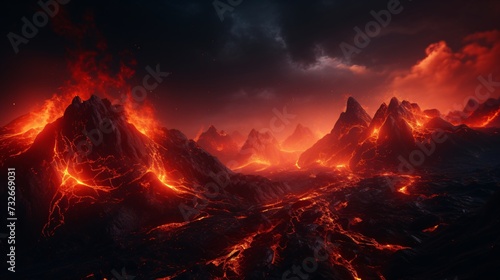 The molten lava flows relentlessly,fiery river carving its path through the rugged terrain with unstoppable force.Its incandescent glow casts an eerie light across the landscape, painting surroundings © peerapong