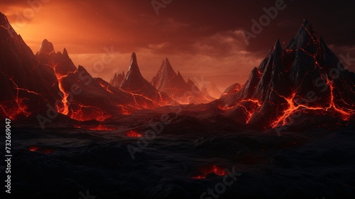 The molten lava flows relentlessly,fiery river carving its path through the rugged terrain with unstoppable force.Its incandescent glow casts an eerie light across the landscape, painting surroundings