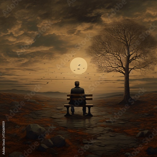 From a back view,person sits alone at a table,their silhouette a stark contrast against the empty surroundings.The posture speaks volumes of solitude and introspection,shoulders slumped and head bowed