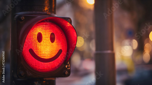 Closeup photography of a smiley face drawing on a red traffic semaphore light or lamp outdoors on a city street at night or in the evening, transport safety regulation for drivers, led stoplight
