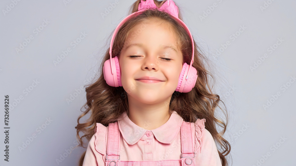 A beautiful little Caucasian girl with brunette hair wearing pink headphones, listening to a music through a headset, smiling in the studio. Closed eyes, listening to a podcast or audiobook