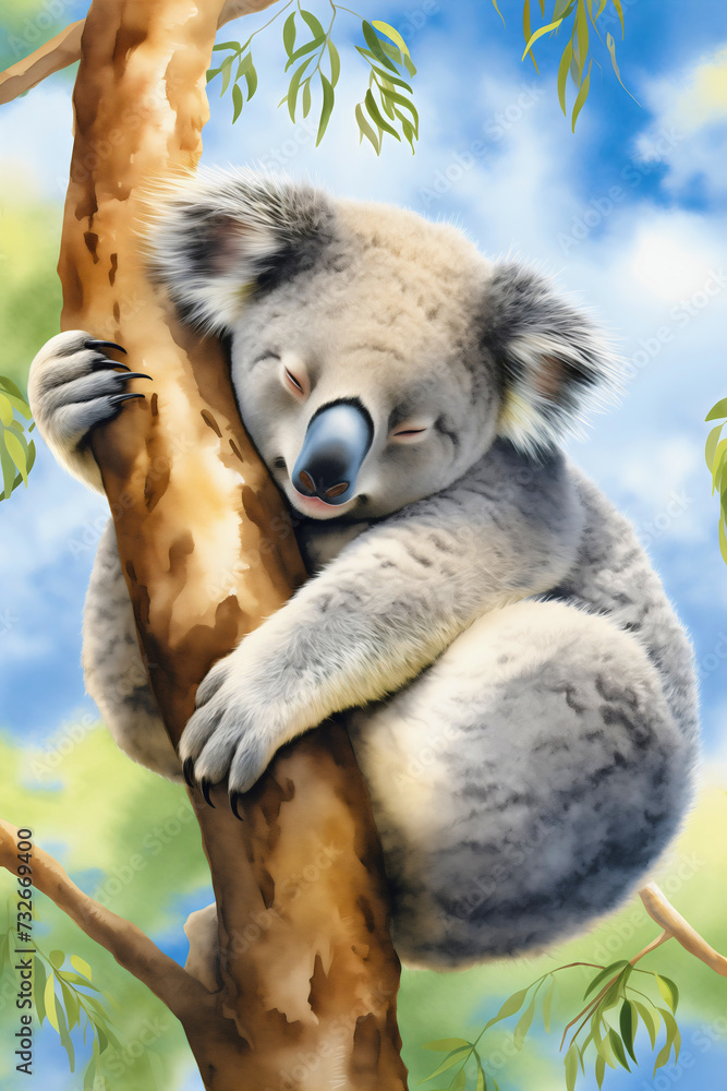 Obraz premium Cute and lazy gray Australian koala bear sleeping on the eucalyptus tree branch, wildlife watercolor painting, exotic animal, sunny day