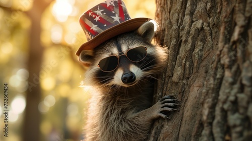 Mischievous Raccoon in Patriotic Top Hat and Sunglasses Behind Tree