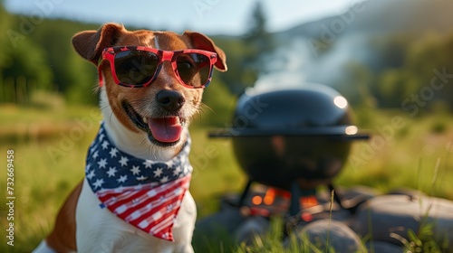 Patriotic Dog with American Flag Sunglasses and Bandana by Barbecue Grill
