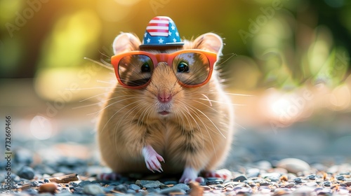 Patriotic Hamster with Star-Spangled Sunglasses and Uncle Sam Hat