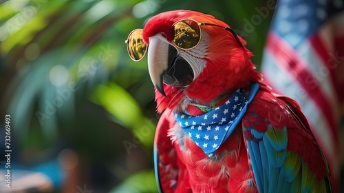 Cheerful Parrot with Fourth of July Hat and Sunglasses