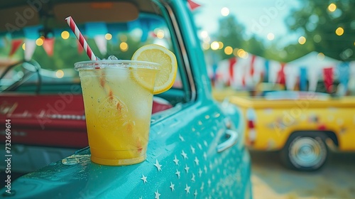 Close-Up of Refreshing Lemonade in Vintage Pickup Mobile Stand