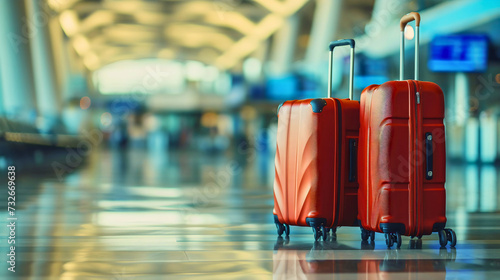 Two red suitcases, placed in an airport hall or lobby. Tourist baggage, summer tropical holiday trip accessories, clothes and belongings. Arrival before the airplane flight transportation, no people