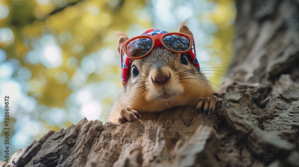 Curious Squirrel with Patriotic Sunglasses Peeking from Tree Hollow