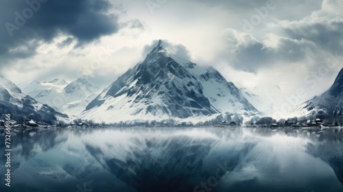 a snowy mountain range with a lake surrounded by snow covered mountains in the foreground and a cloudy sky in the background. Wallpaper, Travel banner