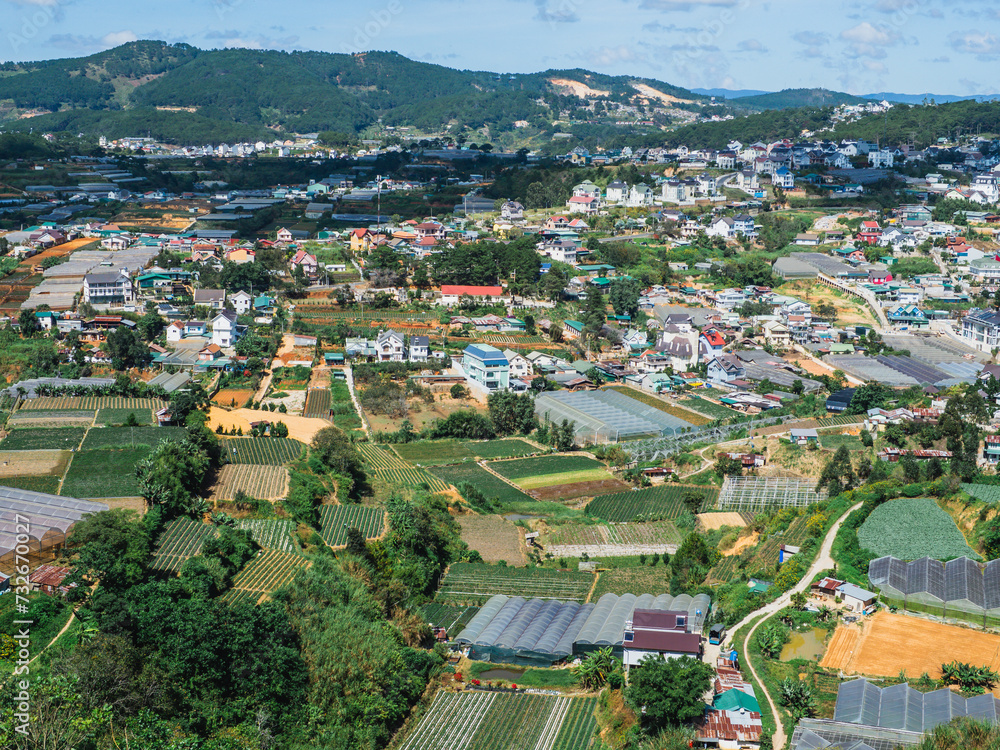 Dalat city, Vietnam, View of many houses from hill, Cityscape, Many houses. The architecture of Dalat is dominated by the style of the French colonial period.