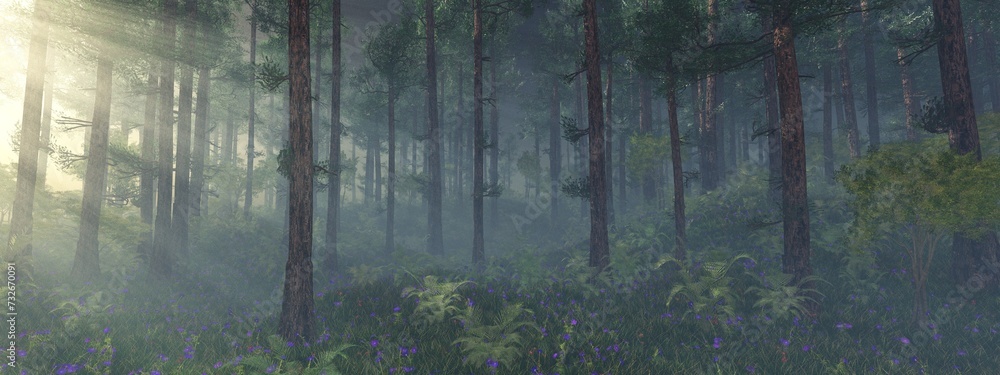 Obraz premium Forest in the morning in a fog in the sun, trees in a haze of light, glowing fog among the trees, 3D rendering