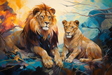 Painting of a lion and lioness wild cat animals in love, resting and lying in the wilderness