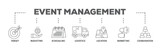 Event management banner web icon illustration concept with icon of target, budgeting, scheduling, logistics, location, marketing, and coordination icon live stroke and easy to edit 