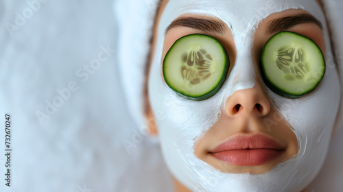 Top view of a young woman relaxing in a spa center with cosmetic green facial mask for skin health, two slices of cucumbers on her eyes and towel on her head or hair. Female wellbeing and rejuvenation