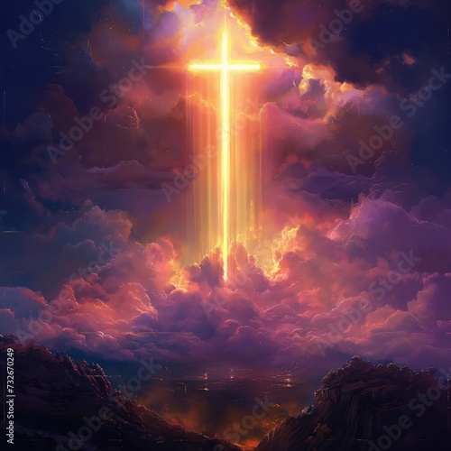 Cross in the sky with rays of light. 3D illustration.