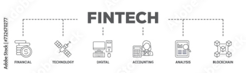 Fintech banner web icon illustration concept with icon of financial, technology, digital, accounting, analysis and blockchain icon live stroke and easy to edit 