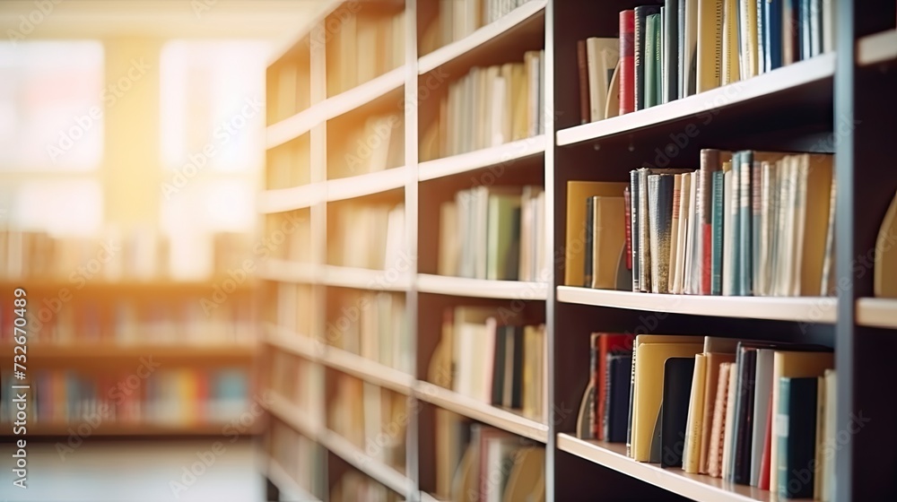 Blurred empty library interior space. Blurry classroom with bookshelves. background or backdrop in book shop business or education Blurred empty library interior space. Blurry classroom with bookshelves. background or backdrop in book shop business or education