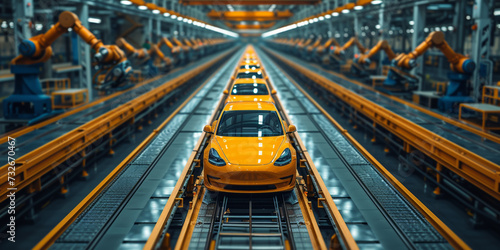 At an advanced automobile factory, robotic arms carefully assemble cars on a futuristic production line.