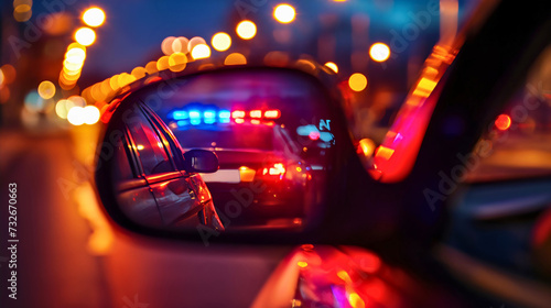 Closeup of a police car with red and blue lights on reflecting in a rearview mirror of the car. Night city patrol of police officers stopping the driver for speeding and violating the traffic laws
