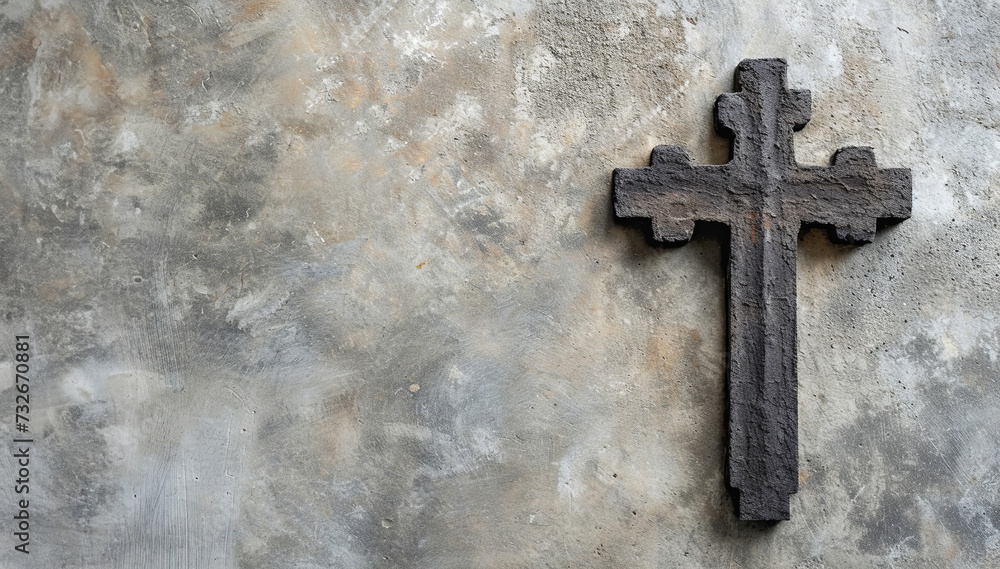 Solitary Stone Cross on Textured Concrete Wall, Symbol of Faith and Remembrance